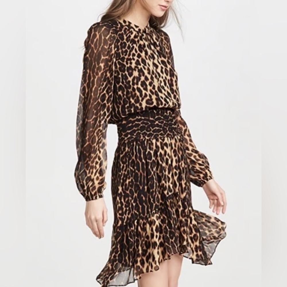 A.L.C. SYDNEY LEOPARD PRINT RUFFLE SMOCKED 100% SILK DRESS SZ 4
